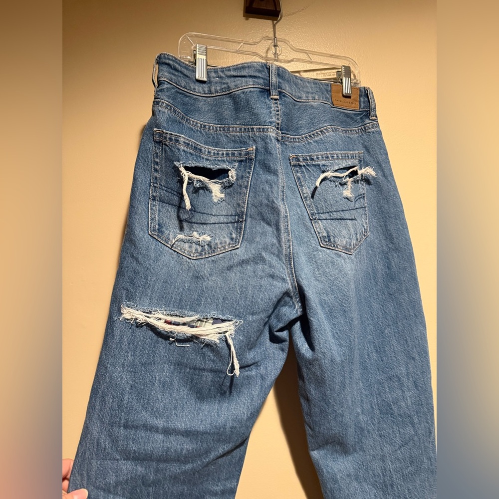 NWT American Eagle Mom Straight Jean Blue Denim plaid patchwork size 8 reg - Picture 7 of 12